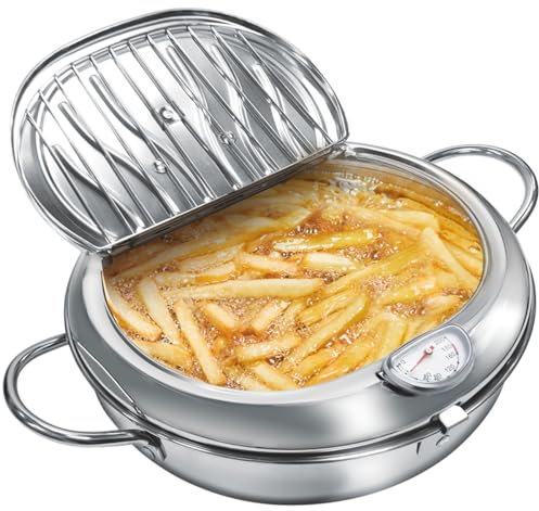 Olla para freidora, estilo japonés, olla de acero inoxidable 304, con termómetro y escurridor de goteo de aceite, sartén profunda con tapa (9.4 pulgadas)