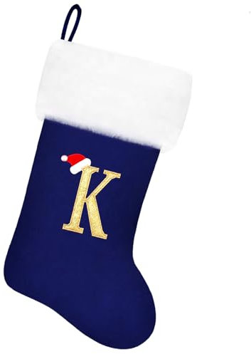 Tokforty 20 Inches Blue Velvet with White Super Soft Plush Cuff Monogram Christmas Stockings, Xmas Personalized Embroidered Letter Stockings for Family Holiday Decorations and Xmas Tree Fireplace（K）