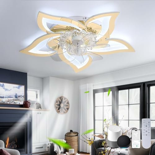 Chambre Plafonnier Ventilateur de Plafond Alexa et TéléCommande Silencieux LED Lumiere Ventilateur Plafond Dimmable Réversible 6 Vitesses Lustre Ventilateur Smart Modern Fleur pour Cuisine,Or||B