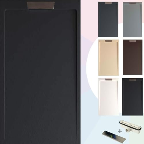 SOULBATH Plato de Ducha Extraplano Antideslizante – Resina Gel Coat - Textura Liso/Piedra – NEGRO - 130x80 - Diseño elegante - Incluye Válvula de desagüe