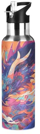 Niigeu Dessin Animé Rétro Japon Dragon Bouteille d'eau Isotherme avec Paille en Acier Inoxydable Gourde, Sans BPA Gourdes Eau pour Enfant Sport Randonnée École Bureau (600ml/1L)