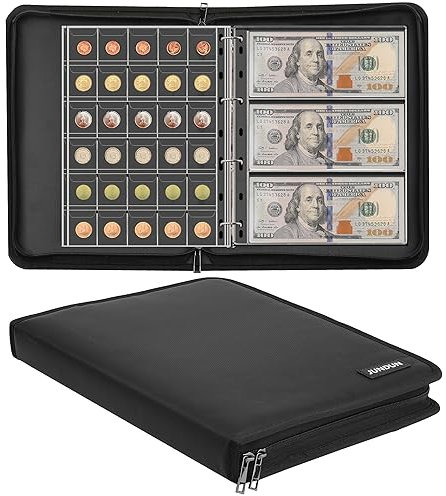JUNDUN Münzsammelbuchhalter für Sammler, Feuerfestes Münzsammelalbum mit 300 Fächern und 36 Hüllen, Geldaufbewahrungskoffer für Münzsammelbedarf, Geldscheine, Pennies, Euro-Münzen, Briefmarken