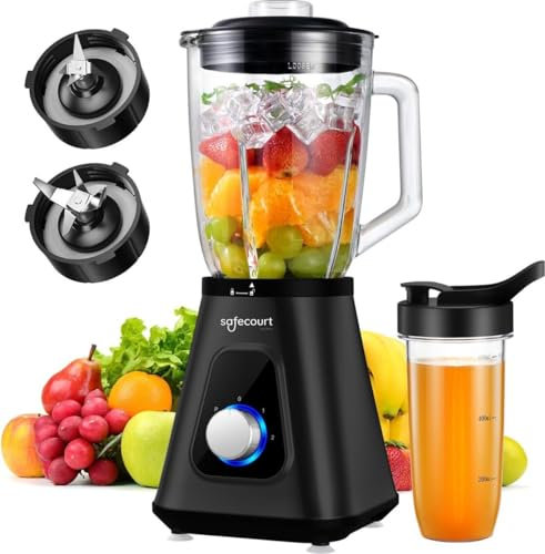 Safecourt Standmixer – Kraftvoller Smoothie Maker, Blender & Mixer [1200W & 1,5L Glasbehälter] – für Smoothies, Shakes, Suppen, Dips und mehr [inkl. 600ML BPA-freier To-Go Becher]