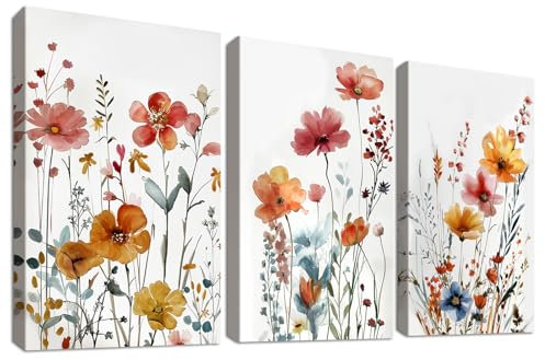 3Pcs Cadre en bois Impression sur Toile Fleurs sauvages botaniques Tableau Image sur Toile Ferme Rustique Fleurs Plante Floral Tableau Decoration Murale Salon Chambre Salle de bain 90x40cm(12x16x3)