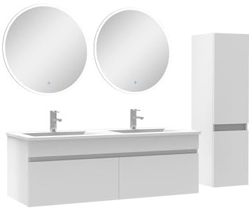AICA Ensemble Salle de Bain Double Vasque avec Colonne et Miroir Rond 120cm Meuble Blanc