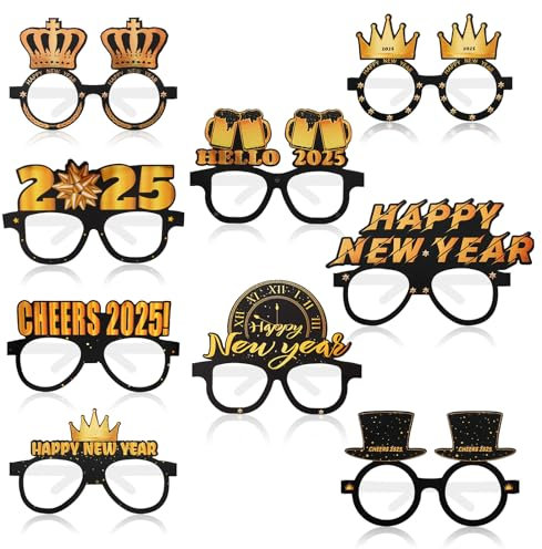 Runmeihe 9 Stück Frohes Neues Jahr Gläser Silvester Deko 2025, Schwarzgold Happy New Year 2025 Deko, Silvester Deko 2025 Party Set Neujahrsgläser für Erwachsene Kinder