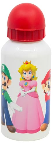 Stor Super Mario Bros Aluminium Trinkflasche 400ml für Kinder - Wiederverwendbare Kinderflasche mit Sicherheitstrinktülle und Auslaufschutz - Leicht und Robust