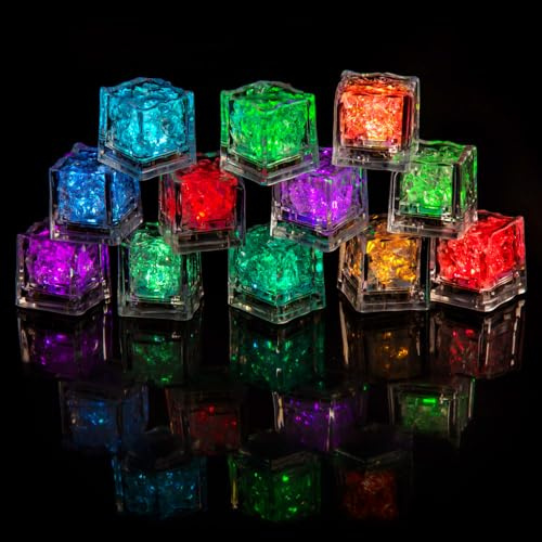 PRECORN 12x LED Eiswürfel – Farbwechsel Deko für Party, Bar, Hochzeit, Whisky, Champagner & Cocktails – Leuchtende, blinkende, wasserdichte & wiederverwendbare Eiswürfel – nicht zum Kühlen geeignet