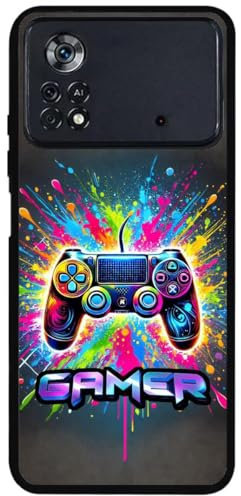 FunKaz Coque pour Xiaomi Poco X4 Pro 5G - Gamer Manette de Jeu Fond Multicolore - Coque Noire TPU