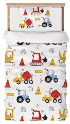 Caregchrisj Kinderbettwäsche 135x200 Mikrofaser Bettwäsche Kinder Jungen, Weiß Bunte Traktor Bagger Autos Muster Bettbezug und Kissenbezug 80x80 mit Reißverschluss