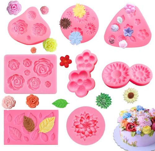 WWYSSZ 8 Stück Silikonform Blumen Klein, 3D Fondant Formen Silikon, Blumen Rose Blätter Sonnenblume Kirschblüte Silikon Fondant Formen für Kuchen,Fudge,Schokolade,Seife,Dessertdekoration,Süßigkeit