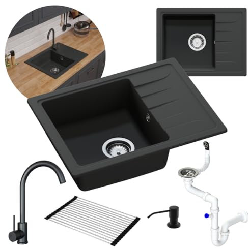 GRANMASTER Gracia Granitspülbecken Komplett-Set, schwarzer Edelstahl-Armatur, Siphon, Rollmata und Seifenspender, 1-komoriger Spülbecken, kratzfest, hitzebeständig, modernes Design für die Küche
