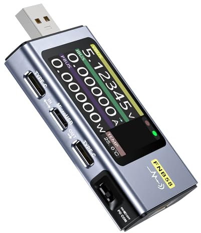 Wattive FNB58 USB Tester Messgerät, Digitales Multimeter Typ C Tester Voltmeter Amperemeter Kapazitäts- und Welligkeitsmessung mit Bluetooth Auslöser Schnellladungserkennung 4–28V Überwachungsspannung