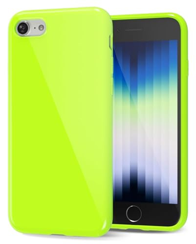 LoeoeL for iPhone SE 2022/7/8 Phone Case Liquid Silicone, Cute Girly Thin Ultra Slim Jelly Soft Rubber Gel Protective Glossy Hard Plastic Case, Plain Solid Color Cover for Women Girl, Neon Green Lime