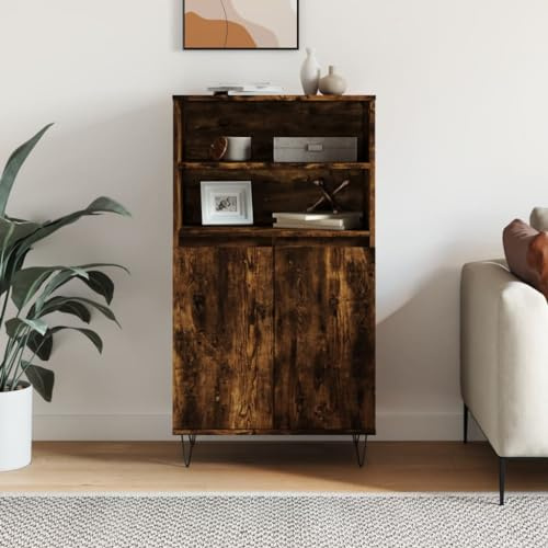 Teenpull Buffet haut en chêne fumé, 60 x 36 x 110 cm, en bois dérivé du bois, étagère sur pied, avec 6 compartiments et portes, buffet moderne, pour salon, salle à manger, cuisine, espace de rangement