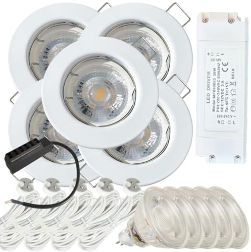 Lampen-Platz 5 Stück LED Einbaustrahler Lotta 12V 5W IP20 Weiß | Neutralweiß 4000K, 400lm | inkl. Trafo & MR16-Fassung mit 120cm AMP-Kabel | Für Küche und Wohnbereich | Ideal zur LED-Umrüstung