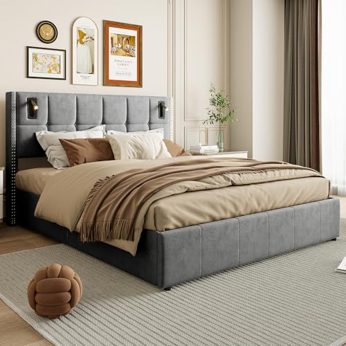 OLIVIBED Polsterbett 160x200 cm mit Lattenrost, Doppelbett Bettgestell mit Kopfteil und Stauraum, Elegantes Bettgestell für Erwachsene & Jugendliche, ohne Matratze, Flanell, Grau