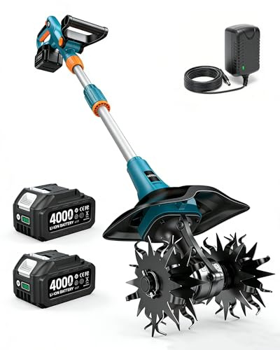 Seesii Cordless Tiller Cultivator, 20V Electric Tiller for Gardening with 2 x4.0Ah Batteries, 9 Tilling Width 6.6 Depth, Lightweight Adjustable Handle Rototiller for Lawn, Weeding & Soil Cultivation