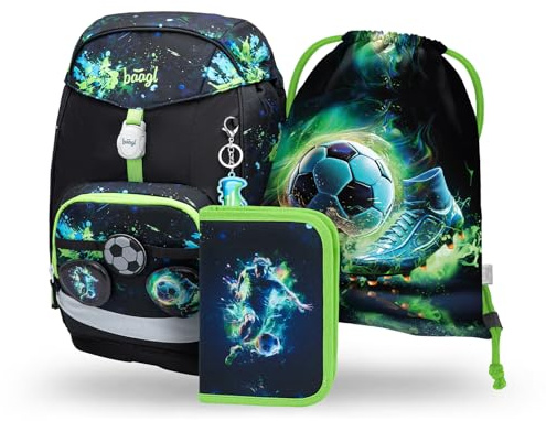 Baagl Airy Plus Schulranzen-Set 3-teilig, 25 l, ab 130 cm (Fußball) | Isoliertes Snackfach; Magnetverschluss; Brust- und abnehmbarer Hüftgurt