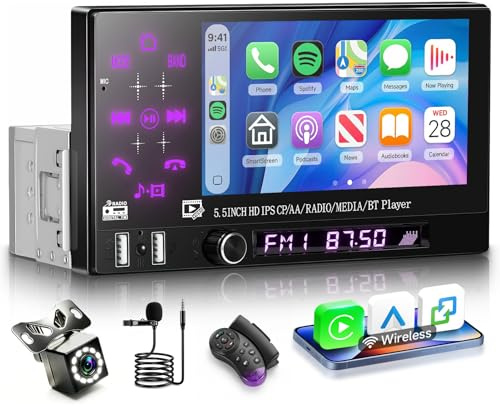 Hodozzy Autoradio 1 Din mit Wireless CarPlay Android Auto, 5,5 Zoll IPS Touch Bildschirm Autoradio 1 Din mit Bluetooth, Radio FM, EQ, Mirror Link, SWC, 2 USB, Farbige Beleuchtung+ Kamera und Mikrofon
