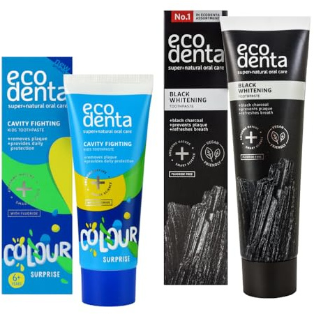 ECODENTA Familien-Zahnpflege Set – Kids Colour Surprise Melonen-Zahnpasta 75 ml + Schwarze Aktivkohle Whitening-Zahnpasta 100 ml – Kariesschutz für Kinder & Zahnaufhellung für Erwachsene