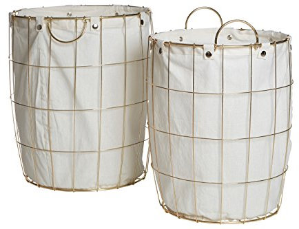 Premier Interiors Laundry Baskets Round Gold Wire Laundry Basket, Set of 2, Gold Plated Iron Wire/Cotton Mix Liner Gold