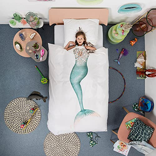 Snurk Kinder Bettwäsche Set Mermaid 135x200 cm, 100% Baumwolle, Bettdecke & Kissenbezug, Atmungsaktive & Komfortable Heimtextilien für Mädchen, Süße Bettwäsche für das Kinderzimmer - Meerjungfrau
