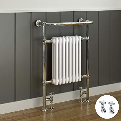 Warmehaus Traditional Victorian Style Bathroom Heated Towel Rail Column Radiator Rad 940 x 659 mm & Chrome Valves