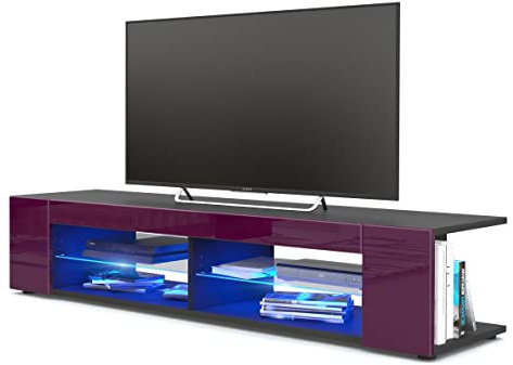 Vladon Lowboard Movie, TV-Kommode mit 4 offenen Fächern und Zierleisten, Schwarz matt/Brombeer Hochglanz, inkl. LED-Beleuchtung blau (134 x 29 x 39 cm)