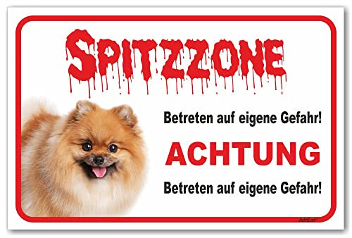 AdriLeo Schild - Vorsicht Spitz - Zone - (15x20cm) / Achtung Hund Wachhund Zwergspitz Pomeranian robust langlebig UV-beständig wetterfestes Warnschild