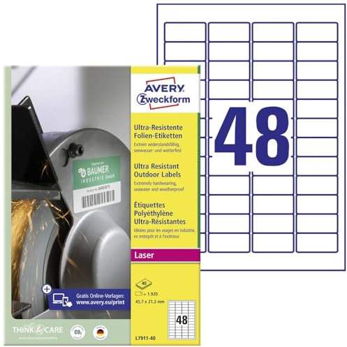 AVERY Zweckform L7911-40 Strapazierfähige Folienetiketten (1.920 Aufkleber, 45,7x21,2mm auf A4, extrem stark selbstklebend, für schwierige Oberflächen, bedruckbare Outdoor Klebefolie) 40 Blatt, weiß