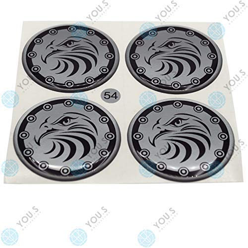4 x YOU.S Nabenkappen Silikon Aufkleber 54,0 mm - schwarz silber Adler Logo selbstklebend