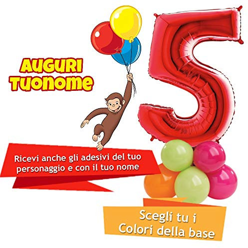 Dolce idea Composizione Personalizzata Mylar Sagoma Numero 5 Rosso con Adesivi di Curioso Come George e del Tuo Nome, Base Pallocini e Kit Fai da Te, Addobbi Festa Compleanno