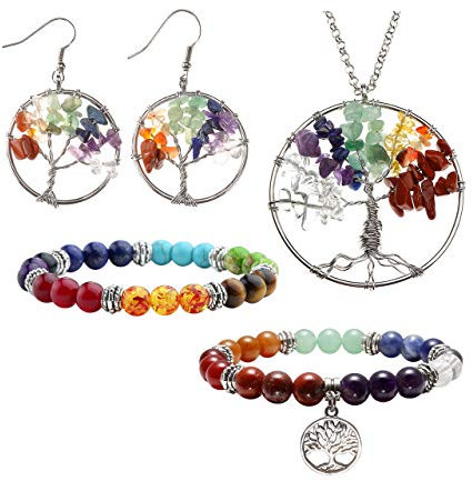 Jovivi 7 Chakra Tree of Life Tumbled Gemstone Healing Crystals Necklace & Earrings & Chakra Bracelet Sets, (4pcs: Tree of Life Necklace & Earrings & 7 Chakras Bracelet)