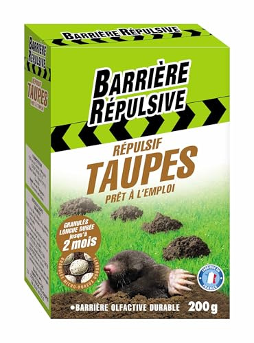BARRIERE REPULSIVE Répulsif Taupes, Prêt à l'emploi, Protection jusqu'à 2 mois, 200 g | Granulés micro-poreux odorants imprégnés d’extraits de géraniol. Jusqu’à 2 mois d’efficacité.