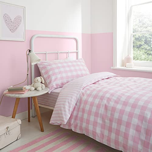 Bianca Parure de lit Double réversible en Coton à Carreaux et Rayures avec taies d'oreiller Rose