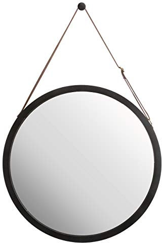ZRI Bamboo Wandspiegel Rund Flur Spiegel Badspiegel mit Verstellbarer Lederband (schwarz, 38 cm)