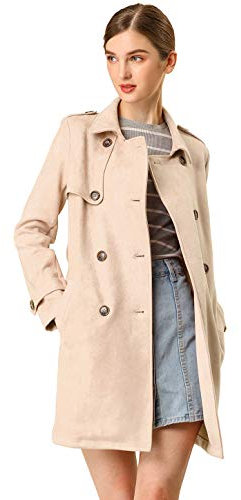 Allegra K Women's Notched Lapel Double Breasted Faux Suede Trench Coat Jacket with Belt Apricot L