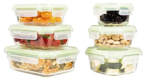 Home Fleek Recipientes de cristal para alimentos Hermeticos Con Tapa - Tapers Para Comida Hermetico, Ahorro De Espacio Recipientes Para Alimentos Para Microondas, Horno Y Congelador (Pack 6, Verde)