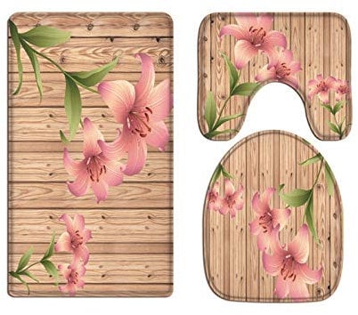 A.Monamour Badezimmer Badematte 3 Teilig Set Romantische Rosa Lilie Blüht Holzbretter Hintergrund Flanell WC Toilette Deckel Deckt Bad Matte Teppich Badteppiche Badvorleger Badgarnitur Vorleger
