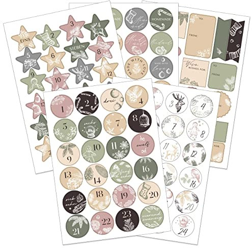 Papierdrachen Geschenkset Adventskalender Zahlenaufkleber Motiv Style mit extra Stickern für Geschenke - zum Basteln von Weihnachtskalendern und Geschenken