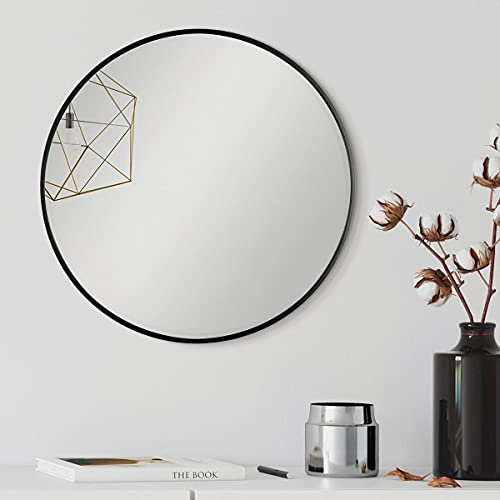 PHOTOLINI Badezimmer Spiegel rund Schwarz 50 cm mit Metallrahmen, Bad Spiegel rund, Schwarzer Runder Wandspiegel zum Aufhängen, schmaler Rahmen, Dekoratives Highlight für Flur, Garderobe und Gäste WC
