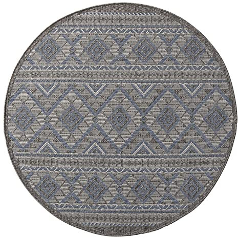 Taracarpet Outdoor Teppich Wetterfest Wohnzimmer Balkon Küchenteppich Flachgewebe Sisaloptik Muster Karos blau 160x160 cm rund