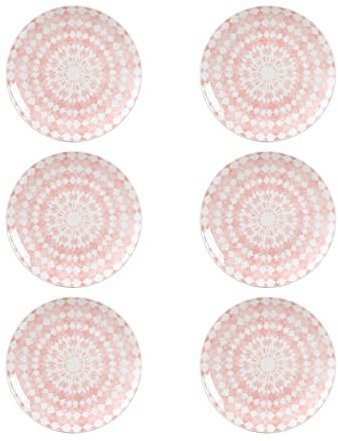 Juego de 6 platos de postre de mandala blancos y rosa de porcelana de Ø 19 cm - LOLAhome