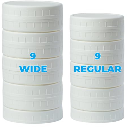 Bedgeta 18 Pack White Plastic Mason Jar Lids with Silicone Rings, 9 Wide Mouth & 9 Regular Mouth Canning Lids for Ball & Kerr and More, 86mm &70mm Plastic Mason Jar Lids
