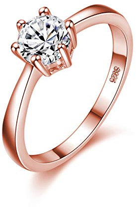 Uloveido 6mm Round Cubic Zirconia 6-Prong-Set Solitaire Bridal Ring Rose Gold Plated Halo Promise Rings for Her J002-W (White, Size P1/2)