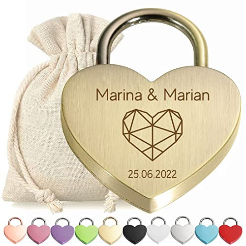 Herz Liebes-Schloss Bügelschloss personalisierte Gravur Bronze - Motiv Polygon Herz - Geschenkbeutel - mit Schlüssel - Jahrestag, Verlobung - Sie & Ihn - Paar, Ehepaar - Present, Love