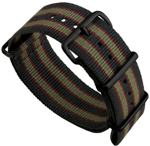 Geckota Vintage Bond Nylon-Uhrenarmband | Armband im britischen Militärstil von 1973, dunkelblau mit roten und olivgrünen Streifen robust, schnell trocknend und sicher