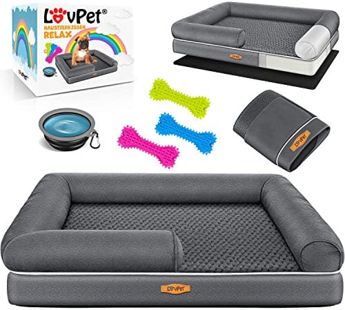 Lovpet® Orthopädisches Hundebett Hundekissen Hundekorb Relax, Inkl. Napf + 3X Kauknochen, Hundesofa für Kleine, Mittelgroße & Große Hunde, Bezug abnehmbar und waschbar, 120x85x22cm Anthrazit