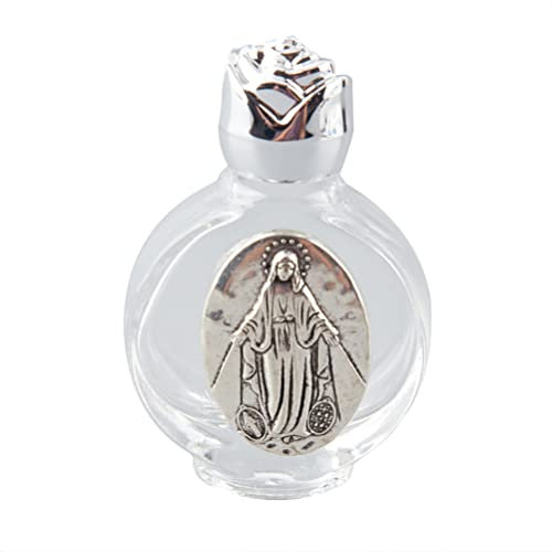 Fublazeze Botella de agua bendita de vidrio con medalla milagrosa, botellas de agua bendita católicas, botellas de agua bendita de viaje de vidrio con tapa dorada y representación dorada de la Sagrada